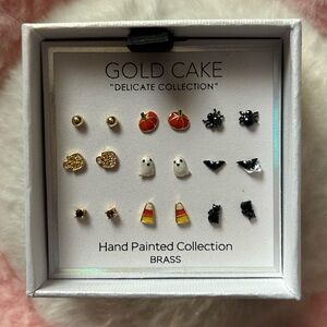 Gold Cake Halloween Earring Set - 9 Pairs Hand Painted Brass Studs